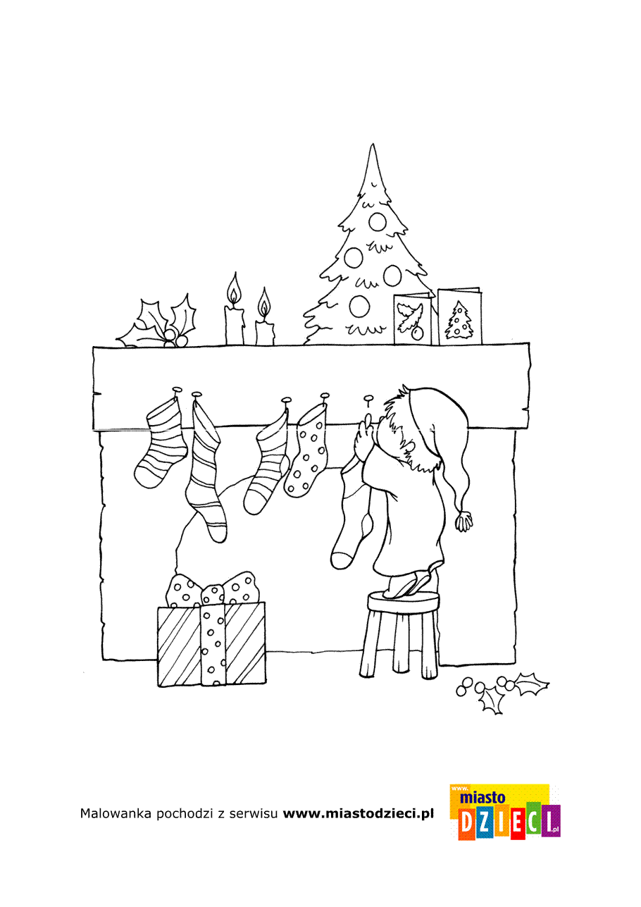 Kolorowanka - Świąteczne skarpety na kominku