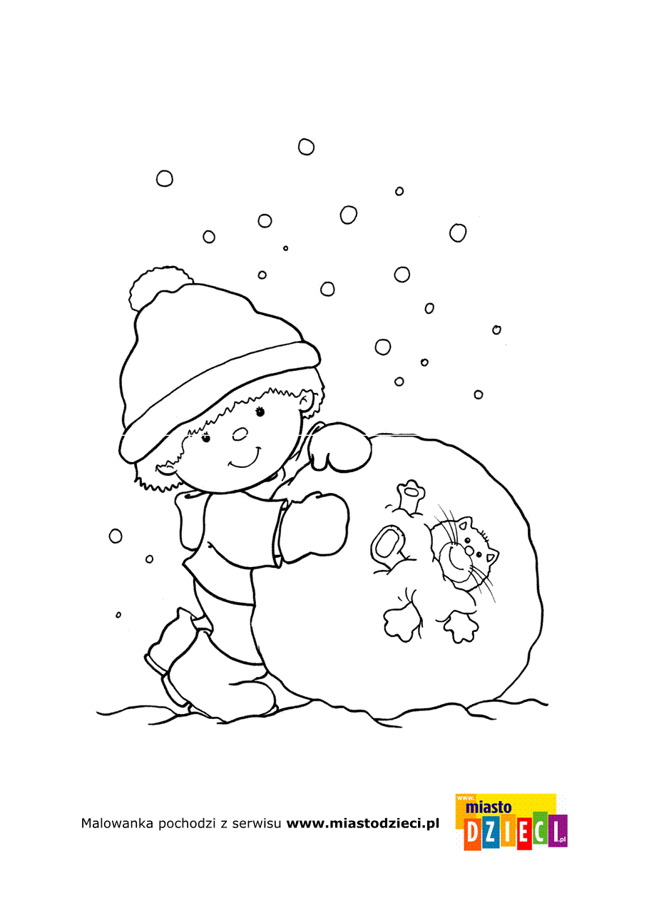 Kolorowanka - Chłopiec toczy śnieżną kulę