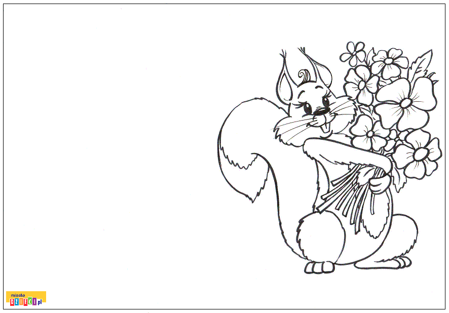 kolorowanka - Wiewiórka z bukietem kwiatów