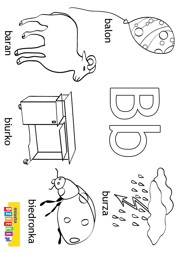 Alfabet - litera B - kolorowanki, malowanki dla dzieci do druku.