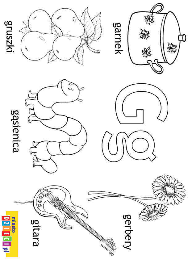 Alfabet - litera G  - kolorowanki, malowanki dla dzieci do druku.