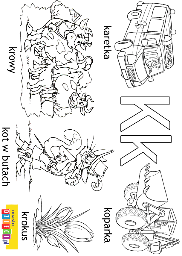 Alfabet - litera K - kolorowanki, malowanki dla dzieci do druku