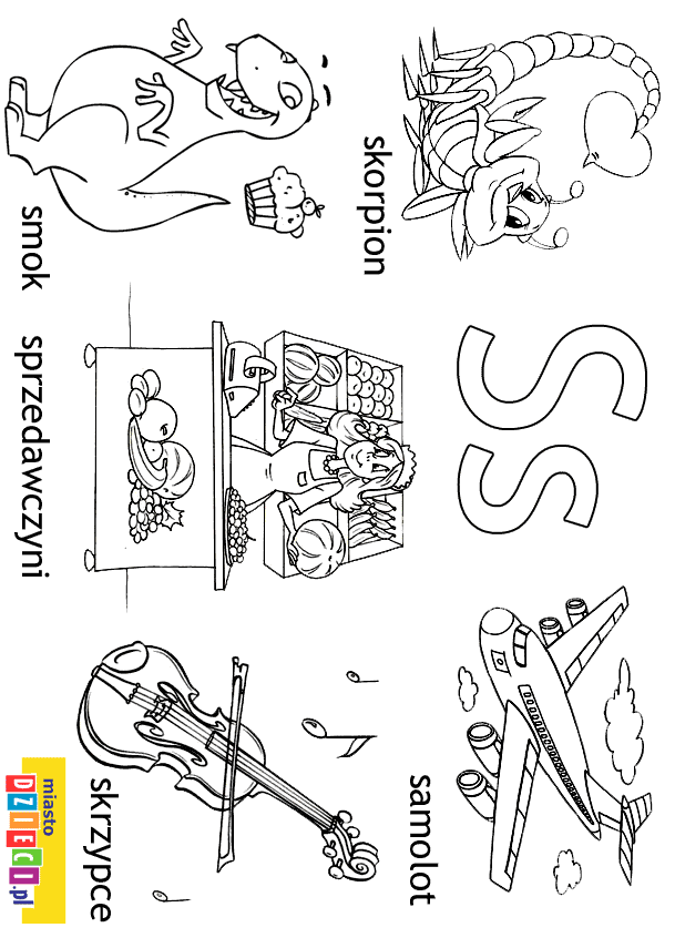 Alfabet - litera S - kolorowanki, malowanki dla dzieci do druku.
