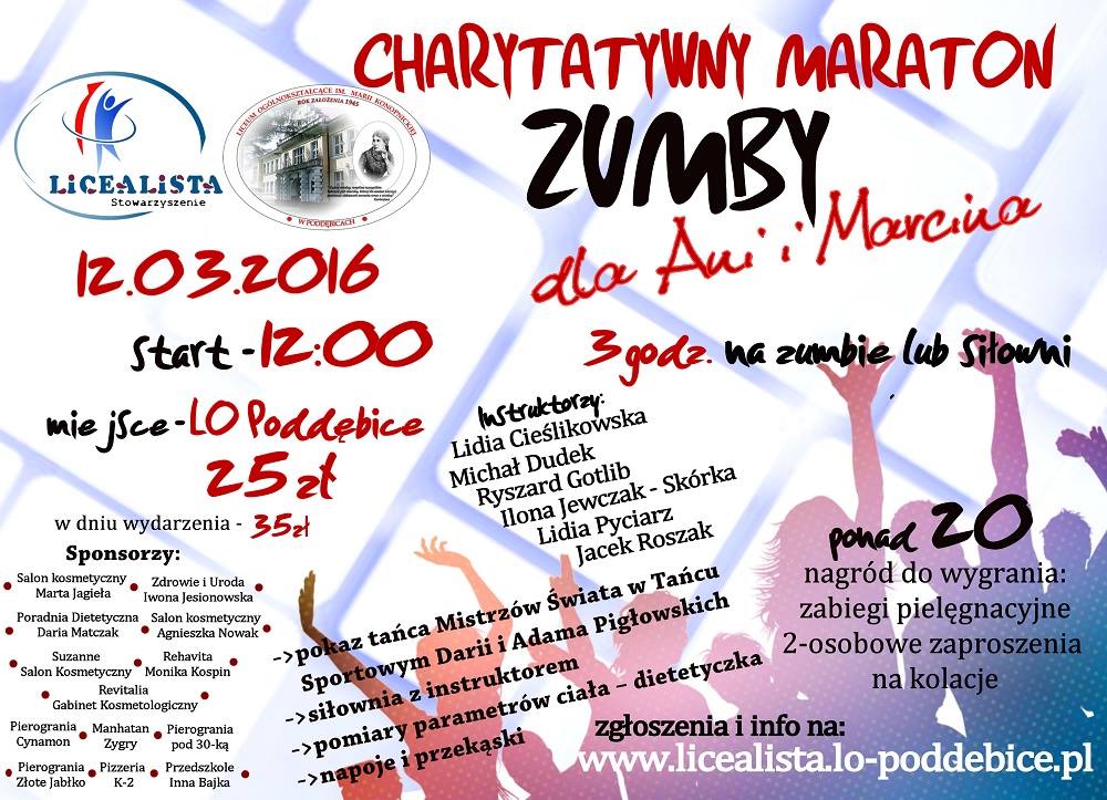 plakat promujący Charytatywny Maraton Zumby w Poddębicach