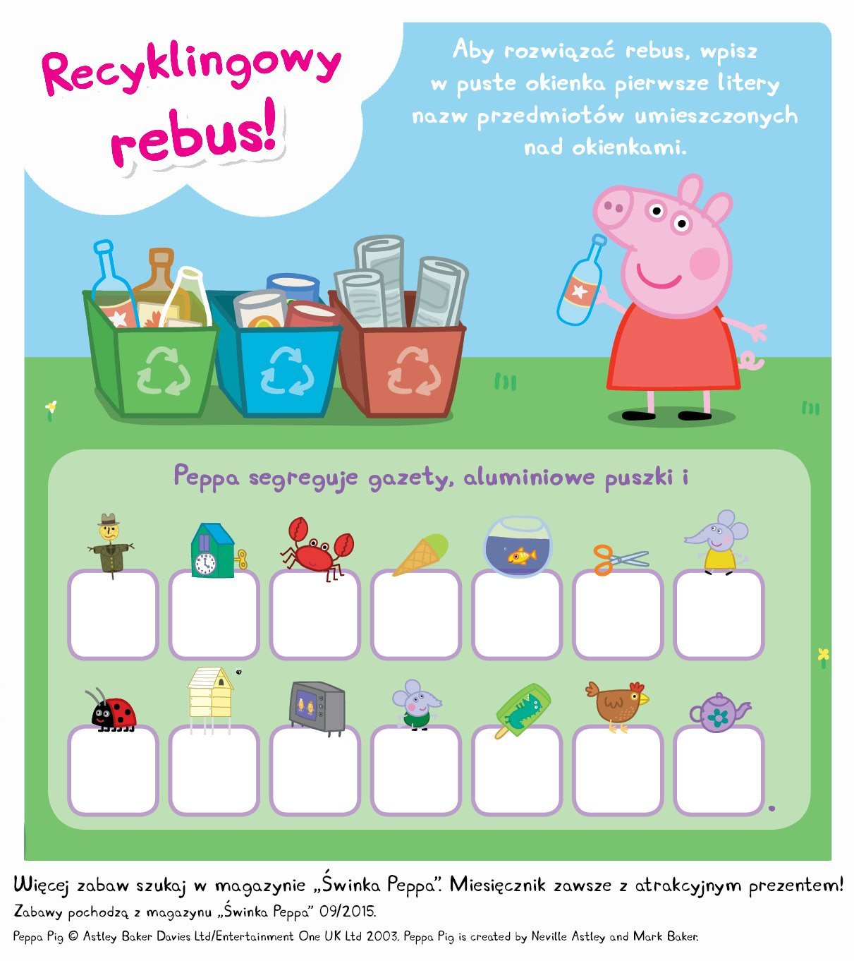 Rebus do druku ze Świnką Peppą - śmieci i recykling