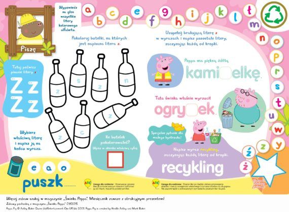 Nauka alfabetu ze Świnką Peppą, zabawy do druku. Recykling bajkowe