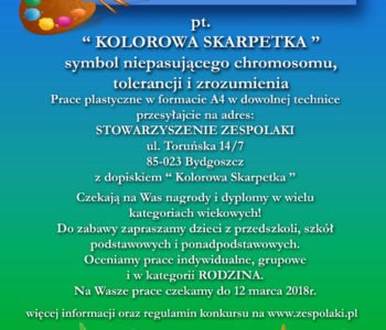 Ogólnopolski Konkurs Plastyczny. Kolorowa skarpetka – symbol niepasującego chromosomu, tolerancji i zrozumienia
