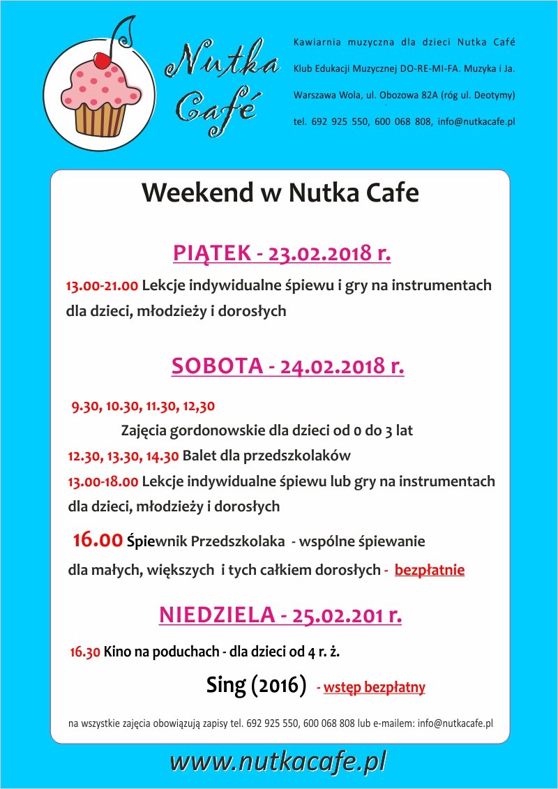 Najbliższy weekend Nutka Café, zapraszamy 23-25.02.2018 r.