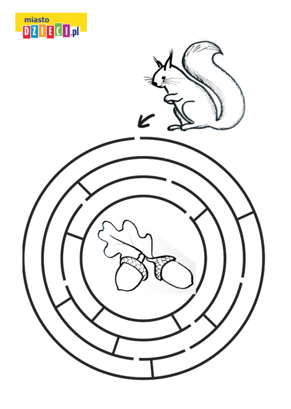 Labirynt z wiewiórką, jesienne łamigłówki i kolorowanki do druku ...