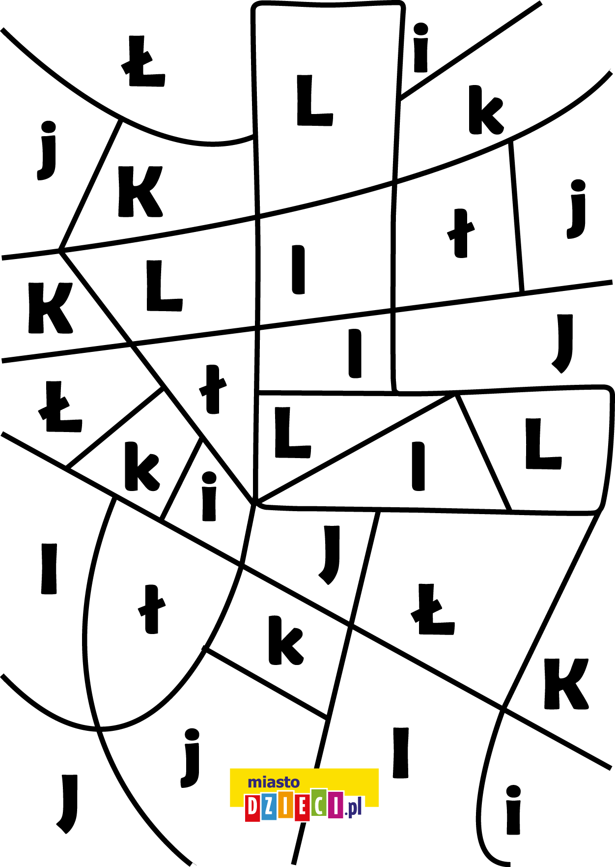 litera L - ukryte litery do nauki czytania kolorowanki i szablony do druku dla dzieci MiastoDzieci.pl