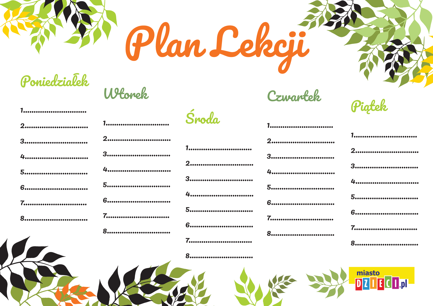 Plan Lekcji Szablony Do Wype nienia Do Druku Dla Dziecka Atrakcje 