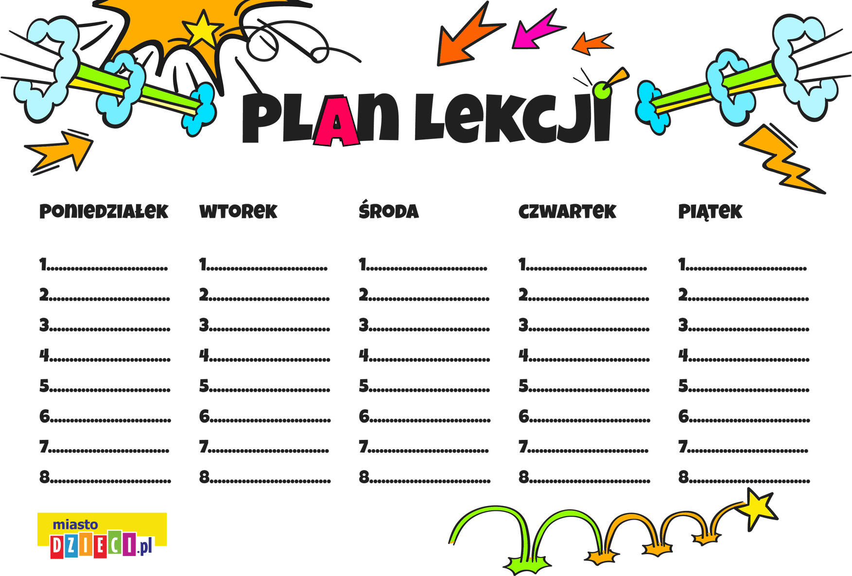 kolorowy plan lekcji dla chłopaka kolorowanki i szablony do druku dla dzieci MiastoDzieci.pl