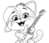 kotek z gitarą, kolorowanka dla dzieci do druku. Malowanki online ze zwierzętami