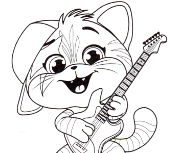 kotek z gitarą, kolorowanka dla dzieci do druku. Malowanki online ze zwierzętami