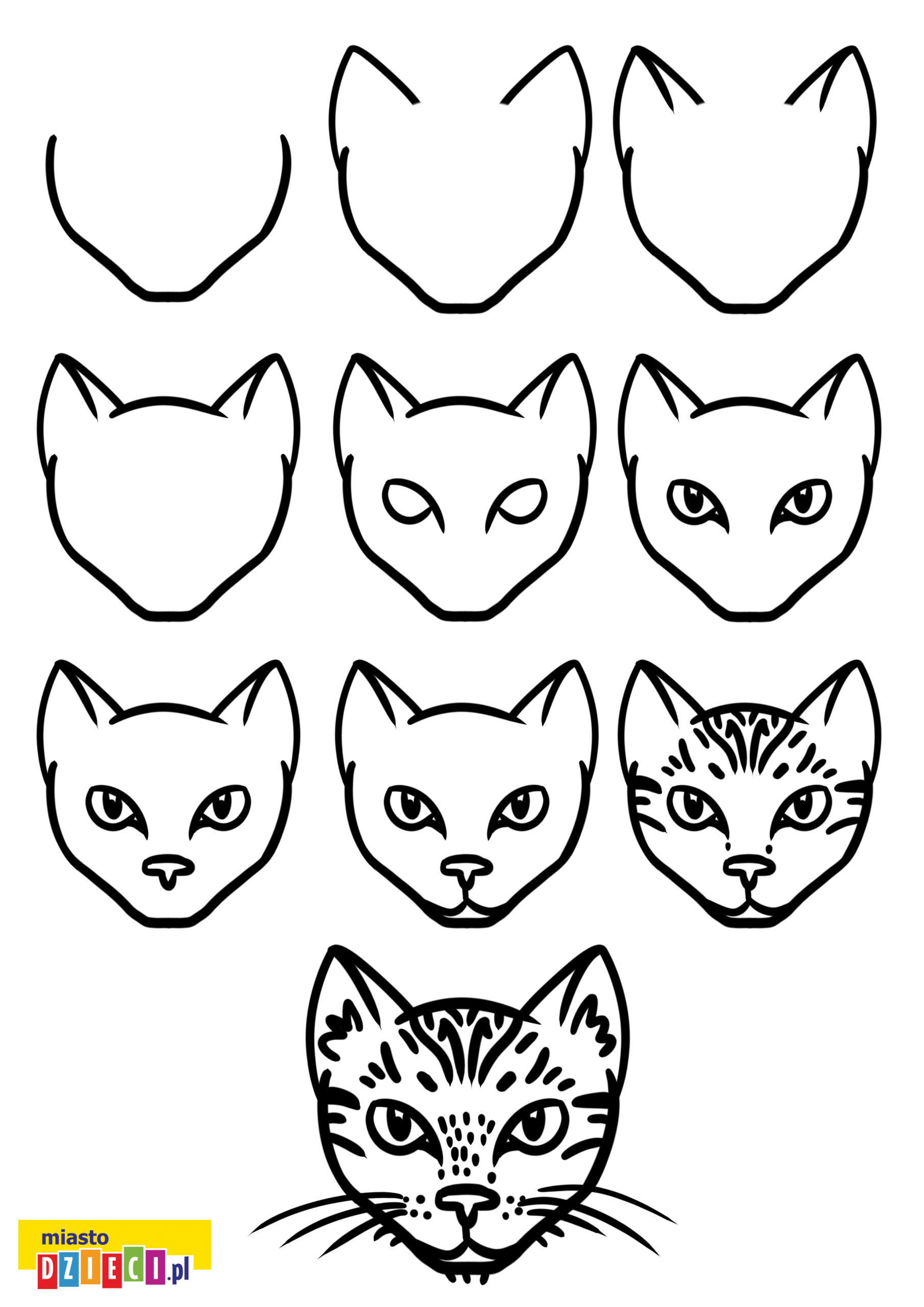jak narysować głowę kota krok po kroku szablony rysowania do druku