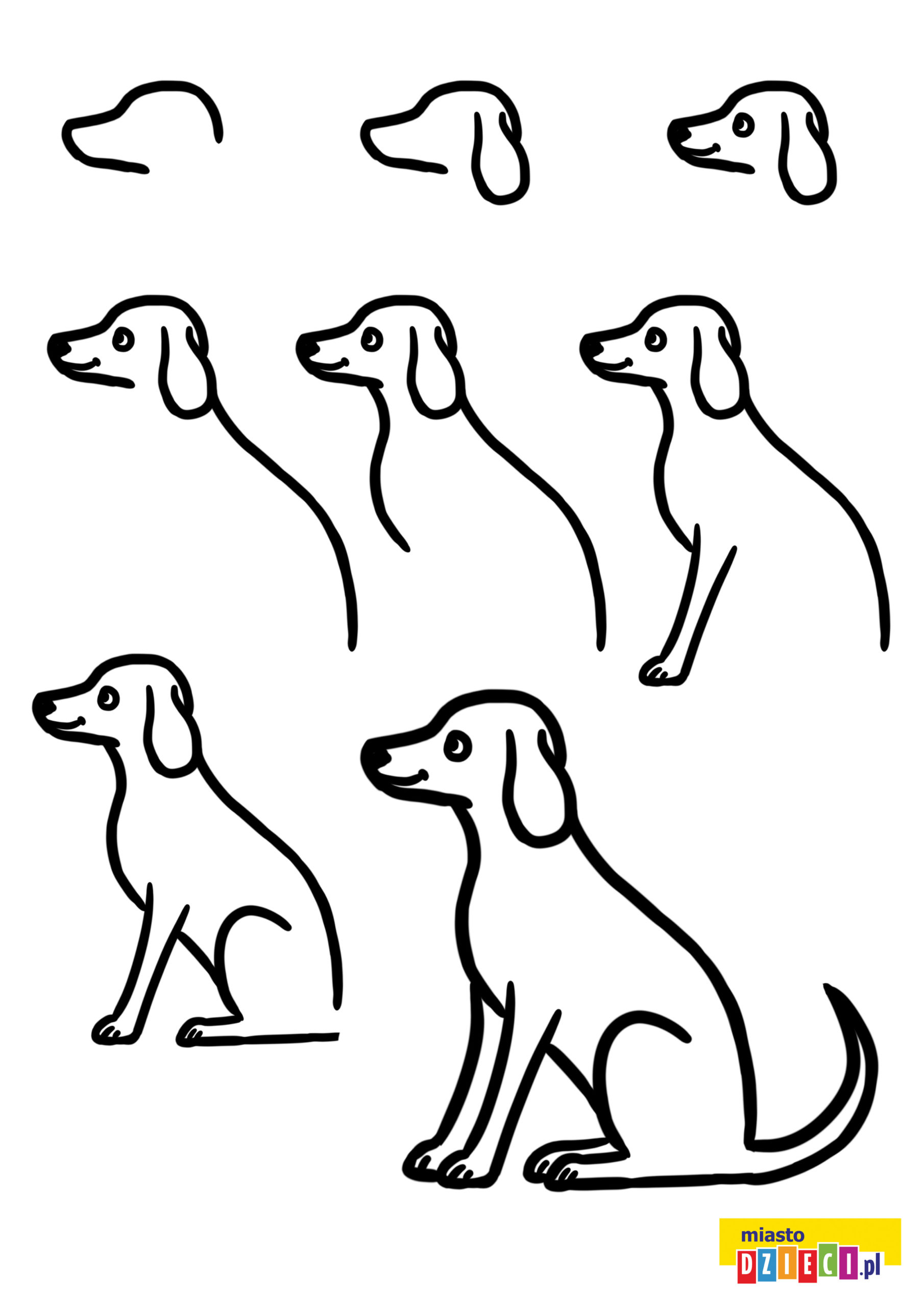 jak narysować siedzącego psa, szablony rysowania dla dzieci do wydruku