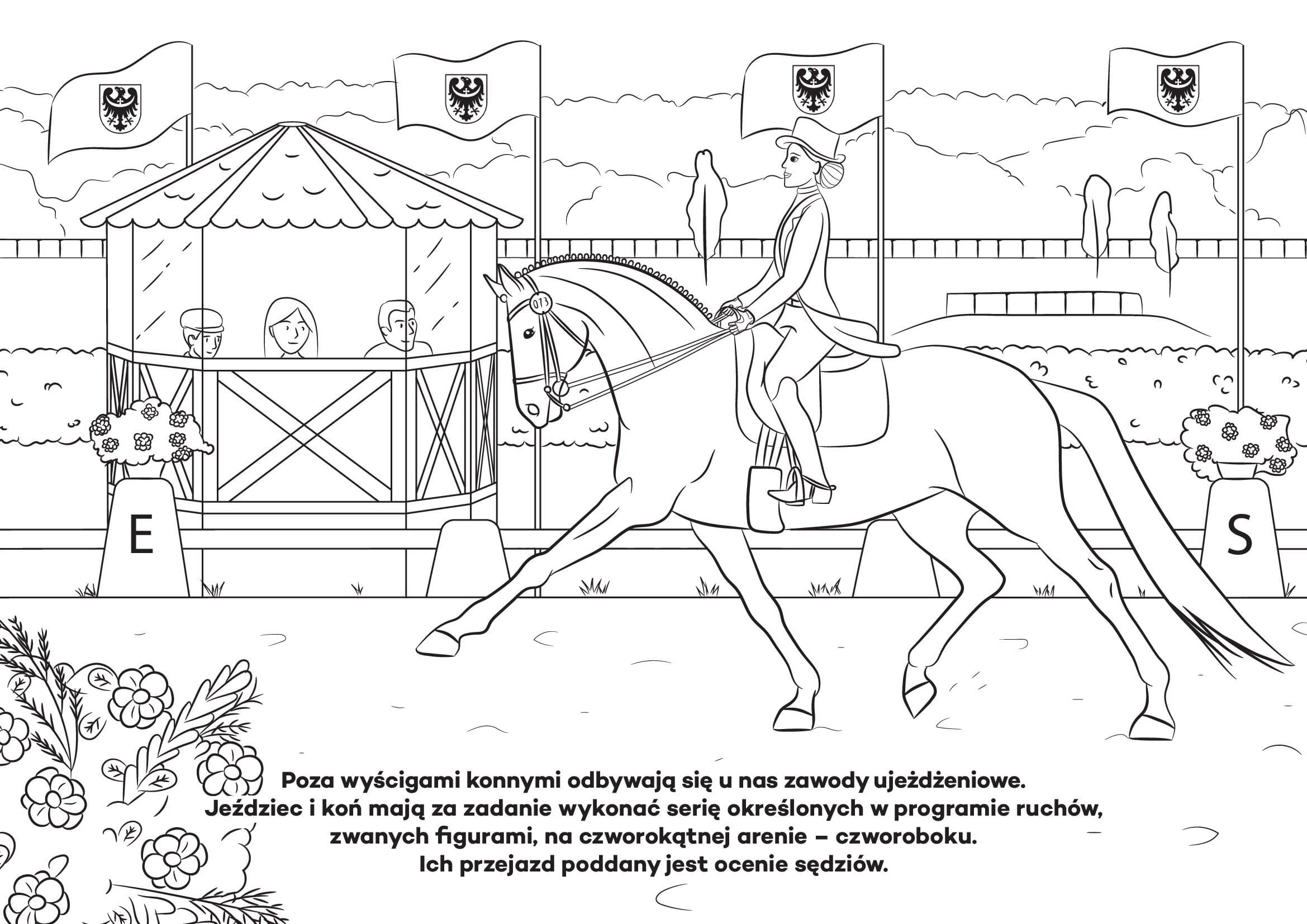 Koń i jeździec, kolorowanka dla dzieci online. Darmowe kolorowanki do druku z końmi