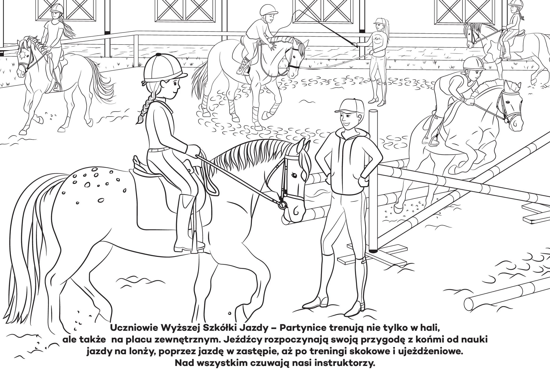 Nauka jazdy konnej, kolorowanka dla dzieci. Darmowe kolorowanki do druku z końmi