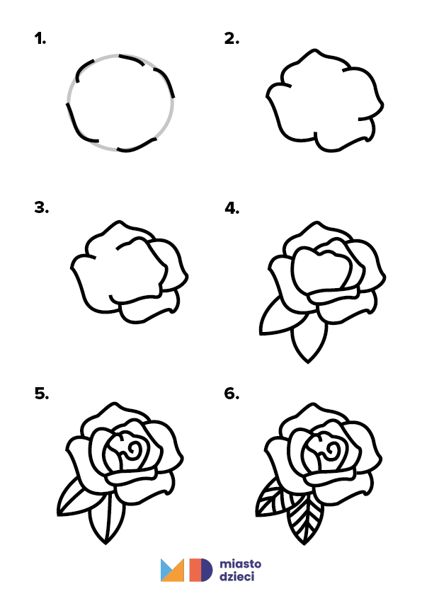 Jan narysować różę krok po kroku, szablony rysowania kwiatów dla dzieci