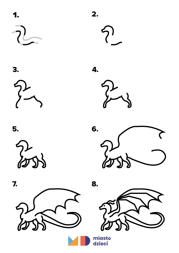 Jak narysować smoka krok po kroku, szablon rysowania dla dzieci