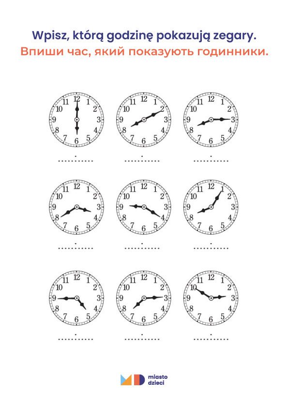 Karty pracy język ukraiński nauka zegara