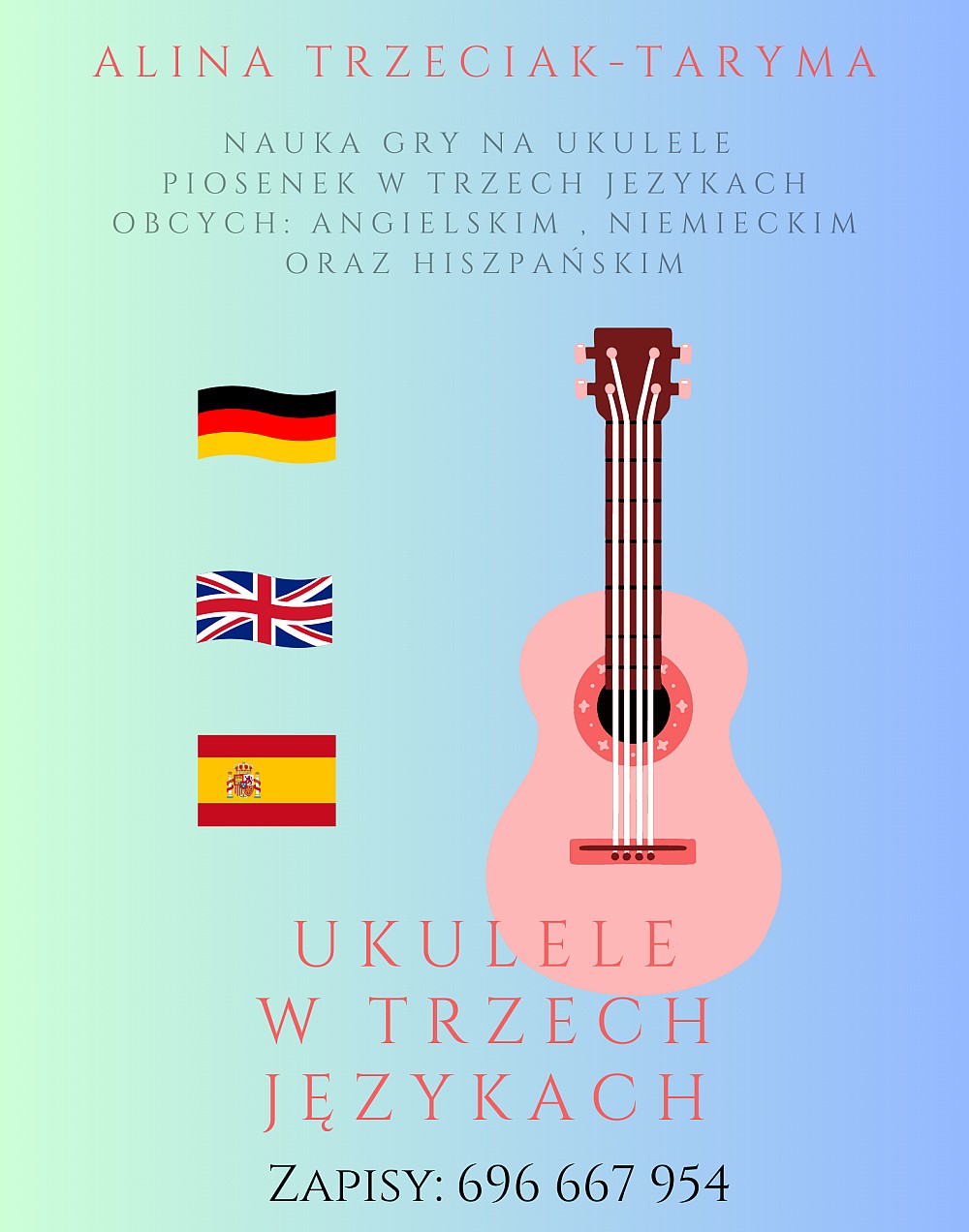 Nauka gry na ukulele i nauka piosenek w trzech językach obcych