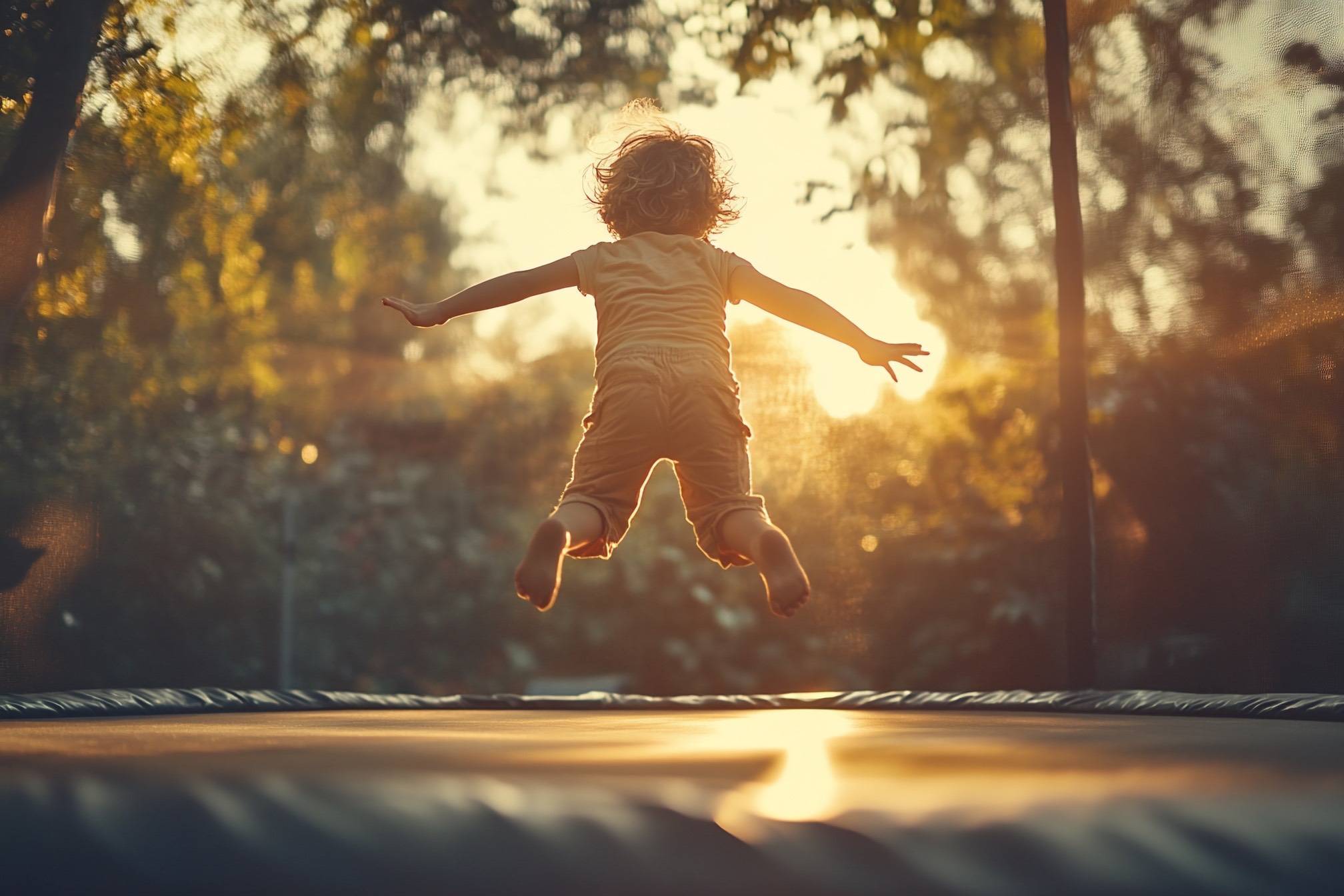 Dziecko skacze na trampolinie w ogrodzie