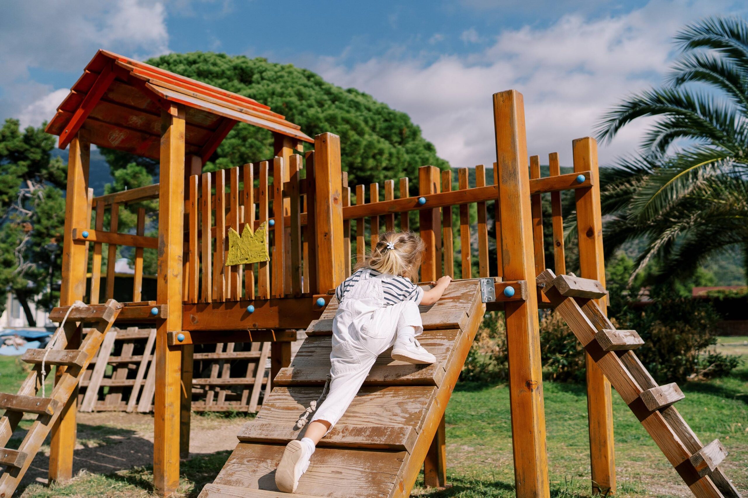 Dziecko wspina się na małpi gaj w ogrodzie