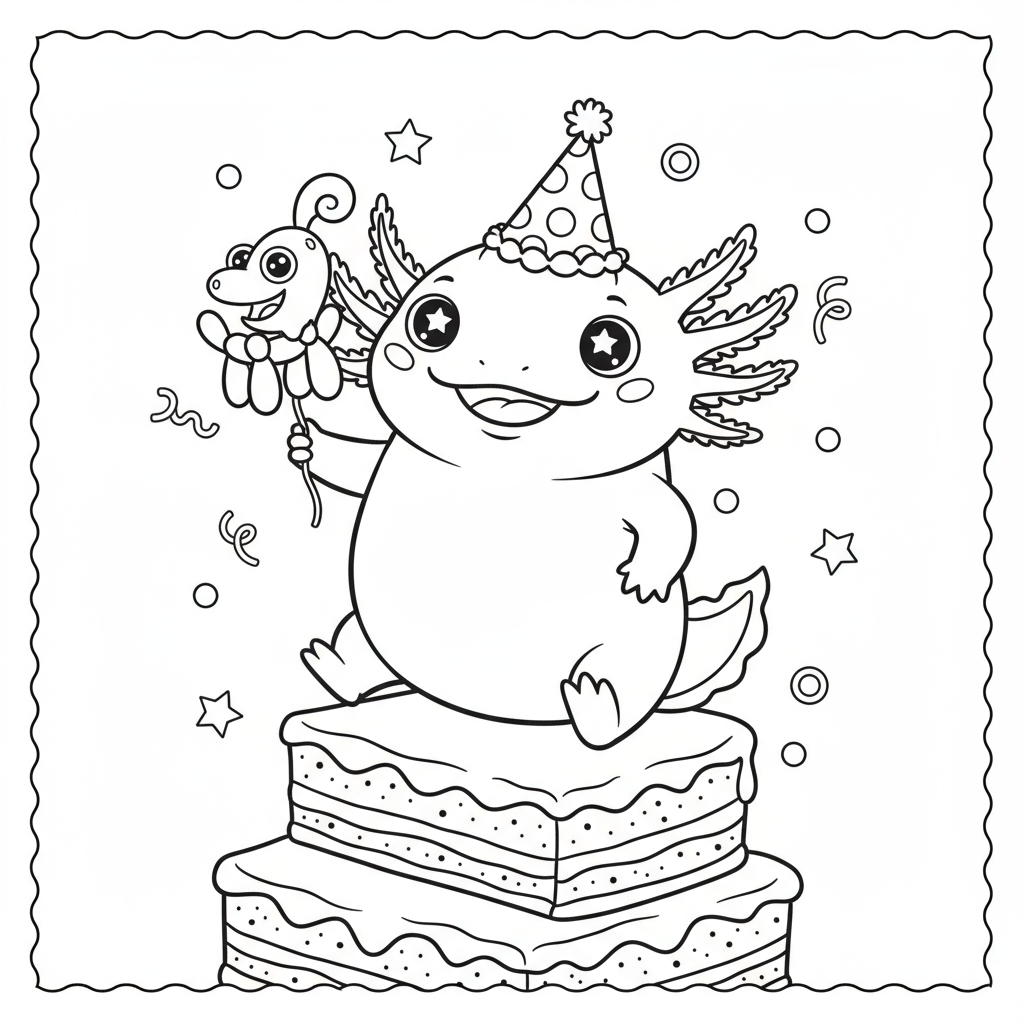 Aksolotl w imprezowej czapce do kolorowania