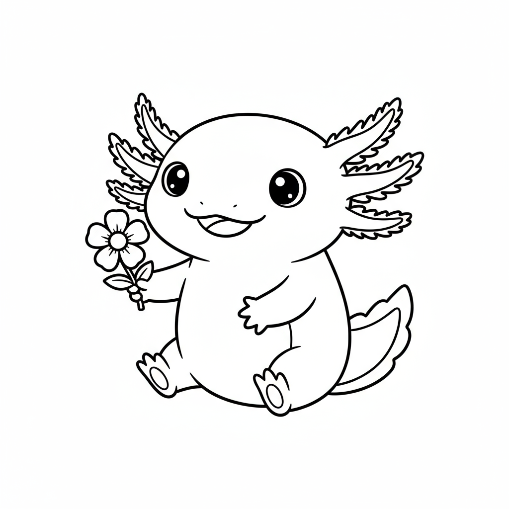 Aksolotl trzymający mały kwiatek do kolorowania