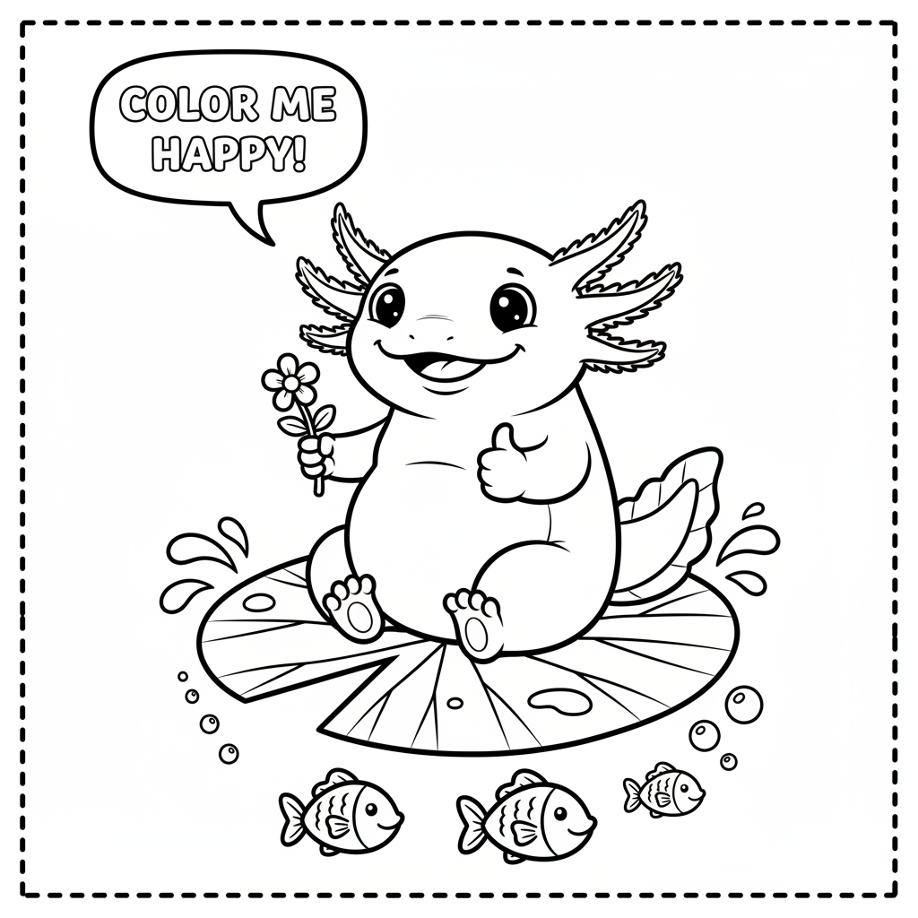 Aksolotl siedzący na lilii wodnej do kolorowania