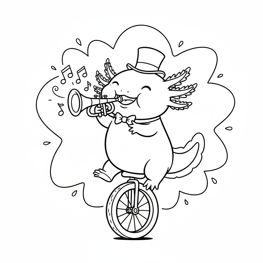 Aksolotl grający na trąbce do kolorowania