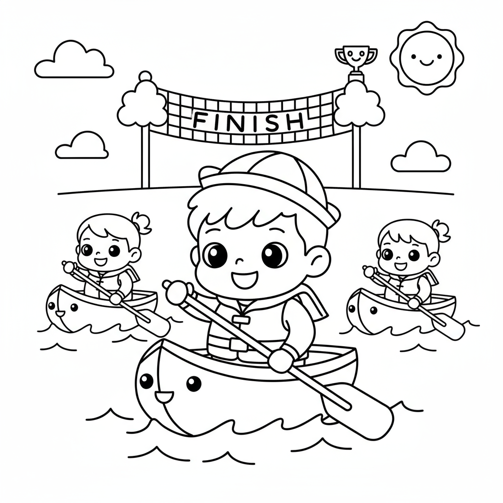 Chłopiec w wyścigu kajakowym do kolorowania