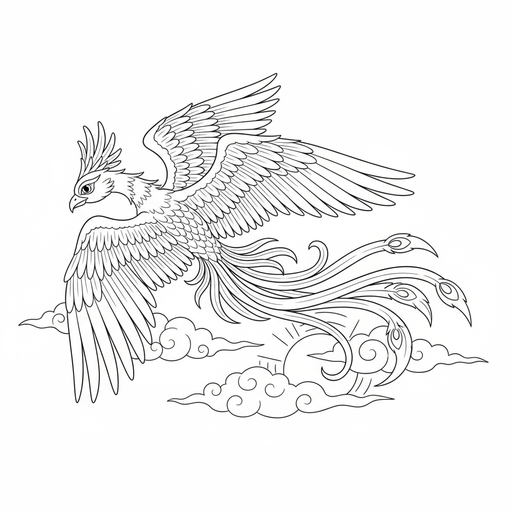 Feniks latający majestatycznie z długimi piórami do kolorowania