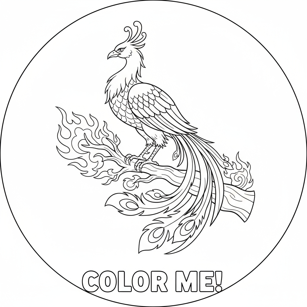 Feniks siedzący na ognistej gałęzi do kolorowania