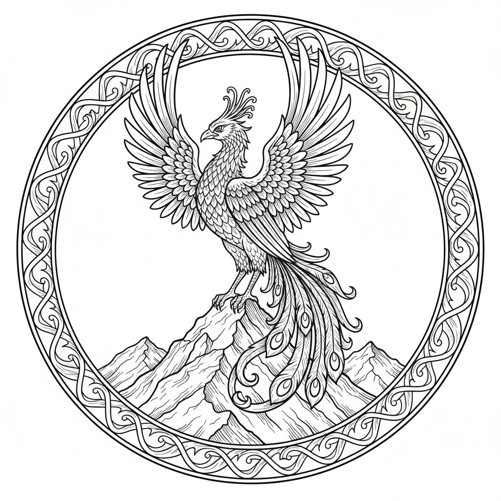 Feniks siedzący na szczycie góry do kolorowania