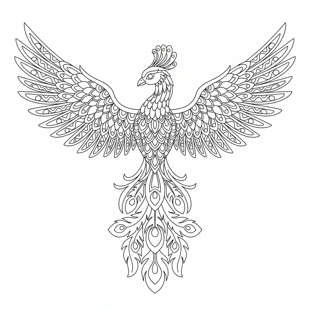 Feniks z misternymi wzorami piór do kolorowania
