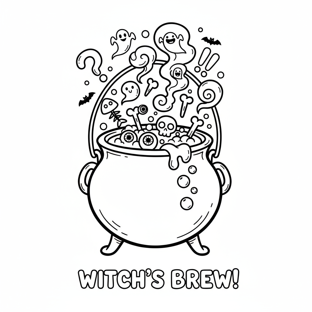 Bulgoczący kocioł z składnikami eliksiru (oczy, kości) i unoszącym się dymem, kolorowanka dla dzieci, czarne kontury...