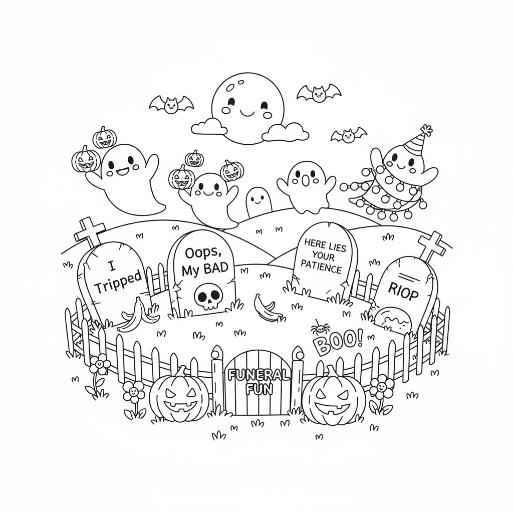 Fantazyjna scena cmentarza z zabawnymi nagrobkami i przyjaznymi duchami wyskakującymi z grobów, kolorowanka dla dzieci, ...