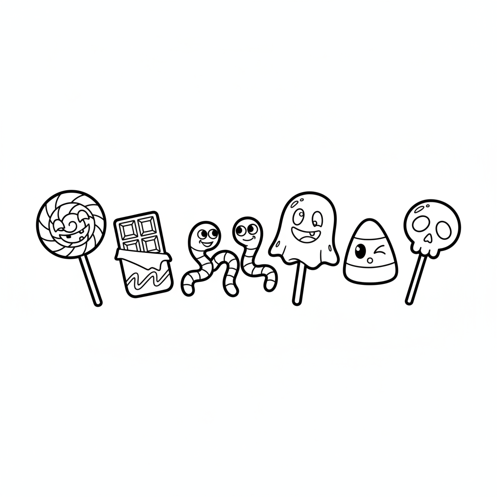 Rząd różnych cukierków Halloween (lizaki, czekoladki, żelki-robaki), kolorowanka dla dzieci, czarne kontury, białe t...