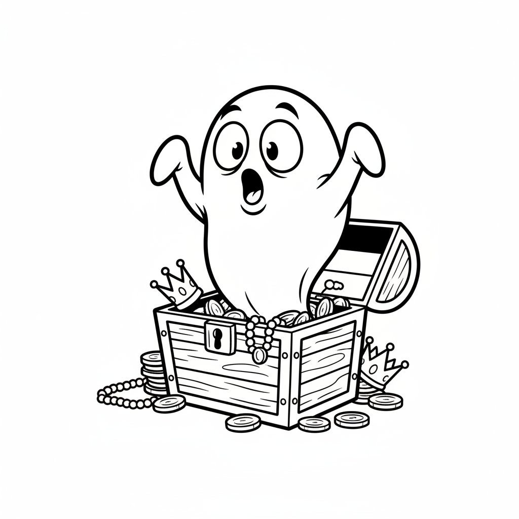 Duch wyłaniający się ze skrzyni, z zaskoczoną miną, kolorowanka dla dzieci, czarne kontury, białe tło.