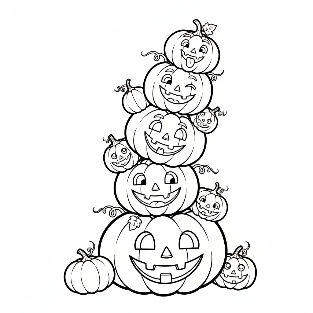 Grupa dyni w różnych rozmiarach, uśmiechniętych i ułożonych w stos, black outline, white background, suitable for ki...