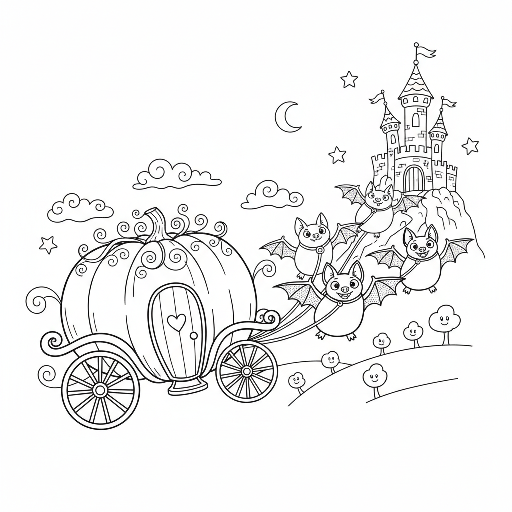 Dyniowa kareta ciągnięta przez nietoperze, zmierzająca w kierunku zamku, kolorowanka dla dzieci, czarne kontury, białe...