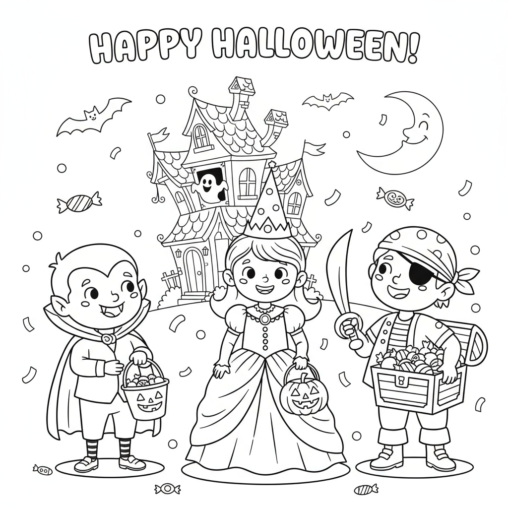 Dzieci w różnych kostiumach Halloween (wampir, księżniczka, pirat) zbierające cukierki, kolorowanka dla dzieci, czarn...