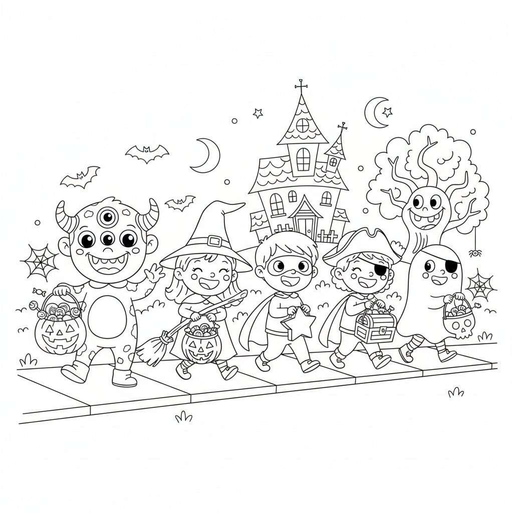 Grupa szczęśliwych dzieci zbierających cukierki, idących ulicą, niosących wiadra na słodycze, kolorowanka dla dziec...