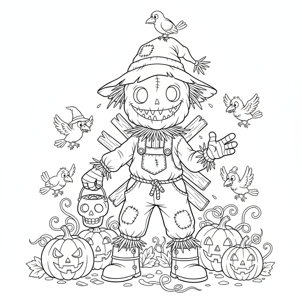 Dziecko przebrane za strasznego stracha na wróble w dyniowym polu, kolorowanka dla dzieci, czarne kontury, białe tło.