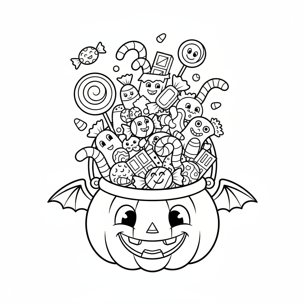 Koszyk na cukierki przepełniony słodyczami, kolorowanka dla dzieci, czarne kontury, białe tło.