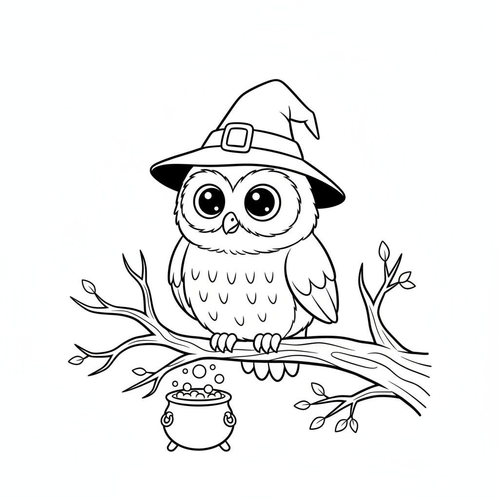 Mała sowa siedząca na gałęzi, w maleńkim kapeluszu wiedźmy, kolorowanka dla dzieci, czarne kontury, białe tło.