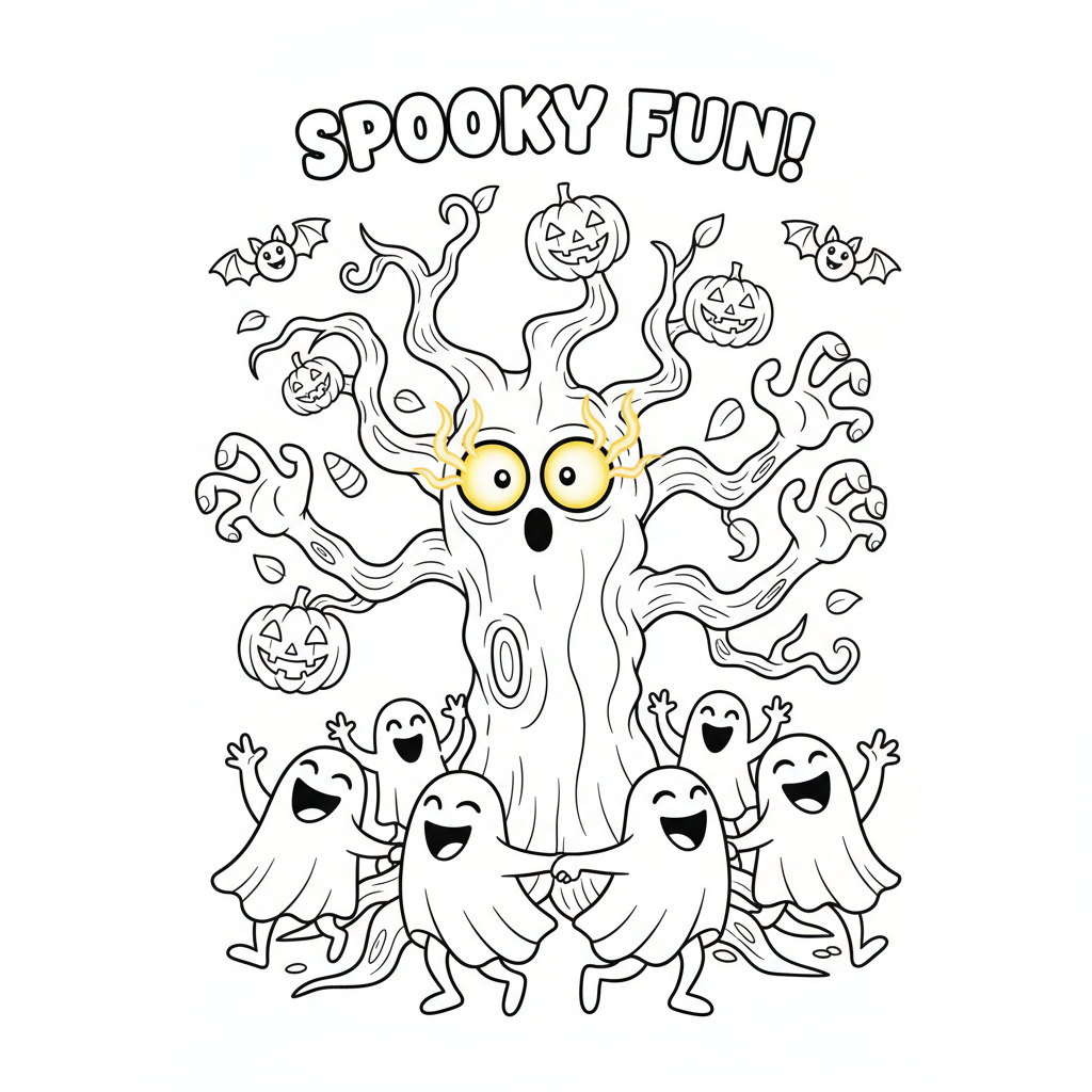 Nawiedzone drzewo ze świecącymi oczami i strasznymi gałęziami, kolorowanka dla dzieci, czarne kontury, białe tło.