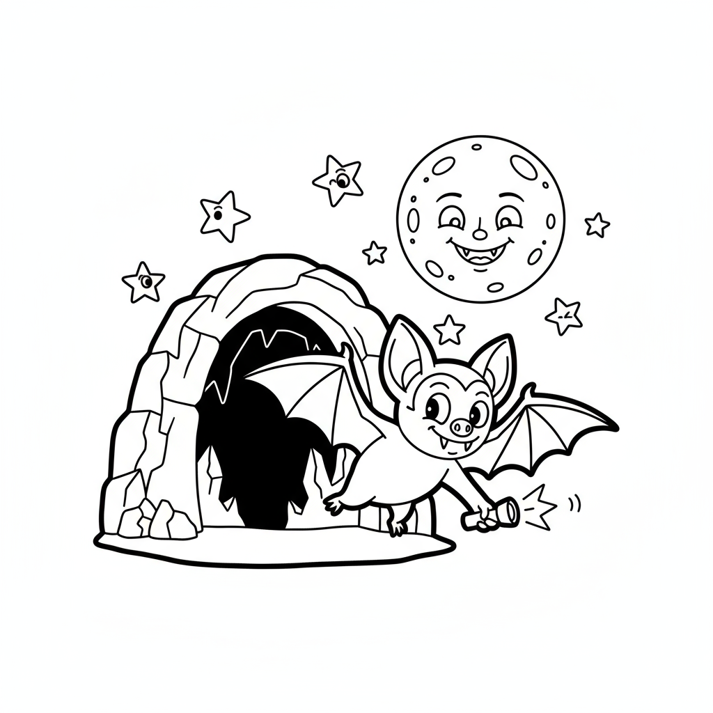 Nietoperz wampir wylatujący z jaskini, z pełnią księżyca i gwiazdami, kolorowanka dla dzieci, czarne kontury, białe ...